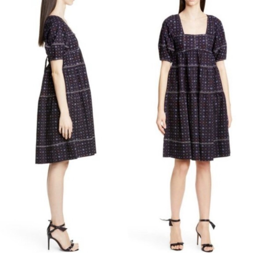Nwt Ulla Johnson Devi Floral Tiered Denim Babydoll Midi Dress